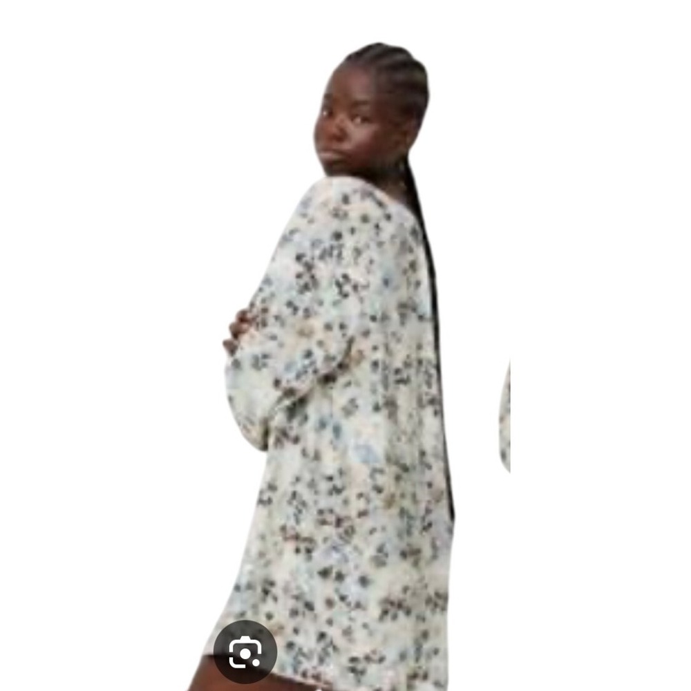 H&M Women's Oversize XL Long Sleeve Mini Dress Beige Blue Balloon Sleeve NWT